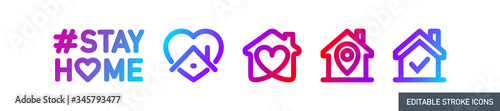 editable stroke line icons set of Stay home for Social media in support of self isolation. staying at home Prevent coronavirus spread. Covid19 perfect outline icon hashtag stayhome Isolated on white