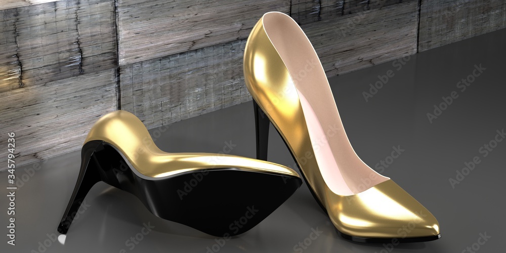Golden high heel shoes - 3D illustration Golden high heel shoes - 3D illustration