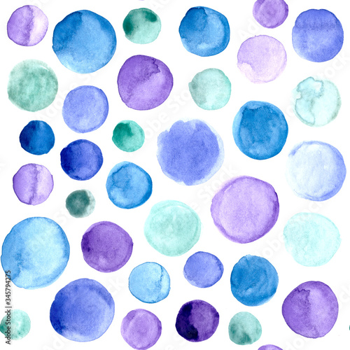 abstract textural watercolor seamless pattern of multicolored blue green purple circles 