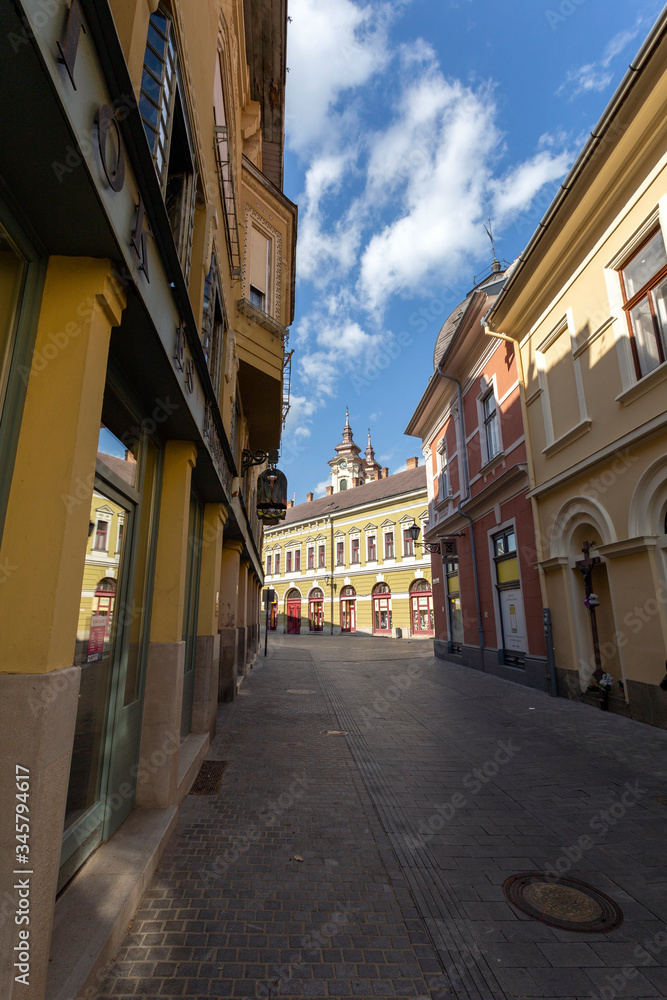 Fototapeta premium Empty street in Eger, Hungary on a spring evening.