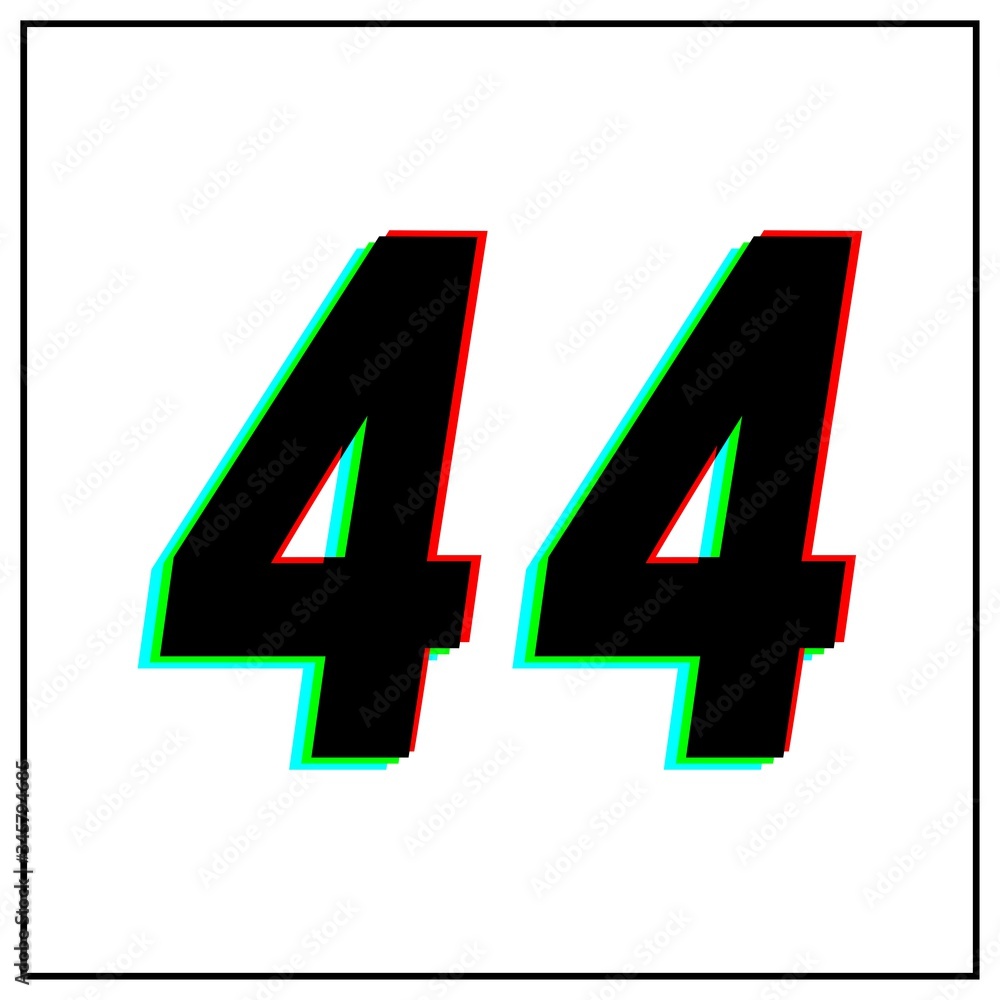 Obraz premium Number 44, forty four vector desing logo.Dynamic, split-color, shadow of number red, green, blue in black frame on white background.For social media,design elements, anniversary celebration greeting