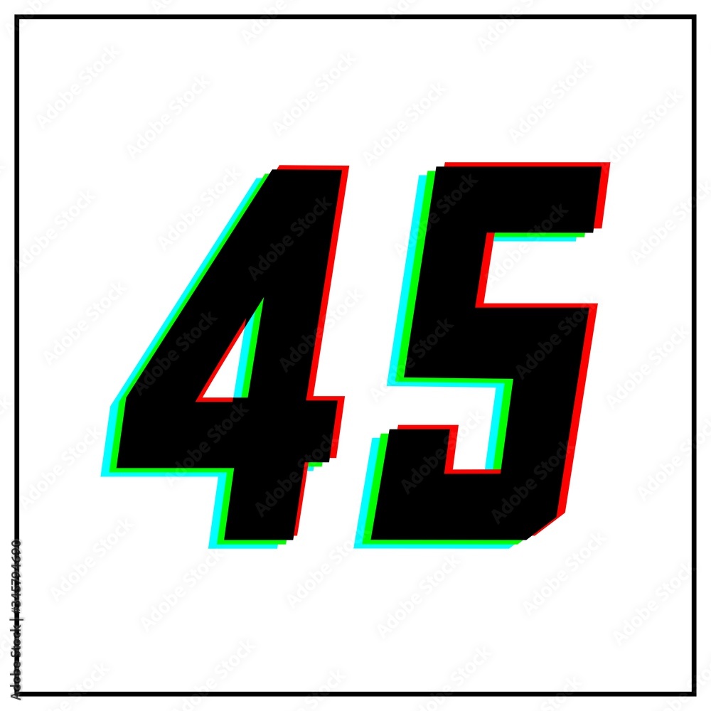 Fototapeta premium Number 45, forty five vector desing logo.Dynamic, split-color, shadow of number red, green, blue in black frame on white background.For social media,design elements, anniversary celebration greeting