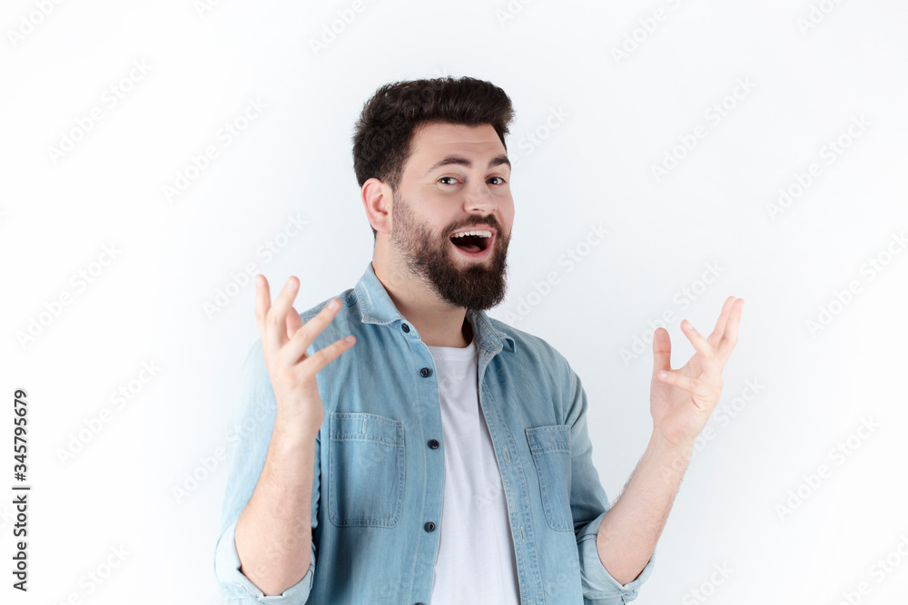 happy excited and puzzled man with open hands.Isolated on white background. happy excited and puzzled man with open hands.Isolated on white background.