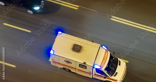 Aerial view of an ambulance driving at night, high quality footage, Ukraine