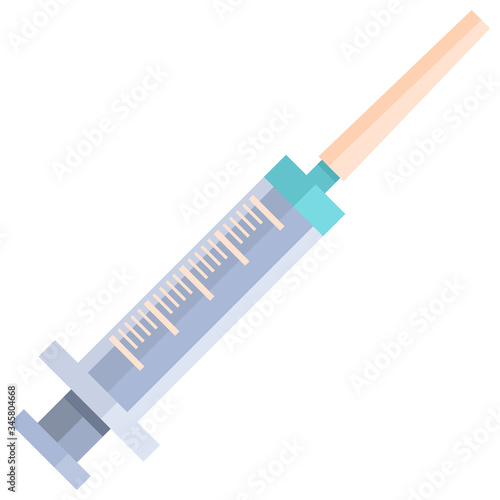 Medical syringe on white isolated backdrop. Vaccine icon for social banner, website element, health care promo, medical poster. Chemist shop logo or info card. Flat style stock vector illustration
