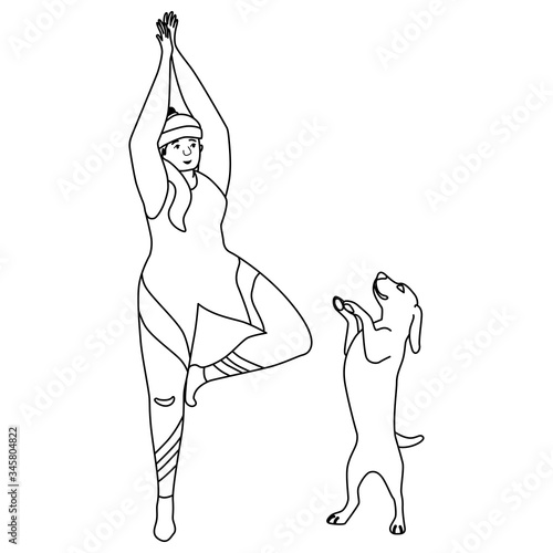 Yoga pose on white isolated backdrop. Home workout for healthy lifestyle blog, landing page, color book, body positive website. Fitness courses or club logo. Drawn style stock vector illustration