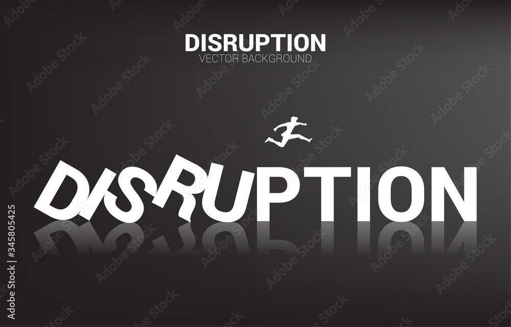 Silhouette of businessman jump away from collapse domino. business concept of business disruption and domino effect Silhouette of businessman jump away from collapse domino. business concept of business disruption and domino effect