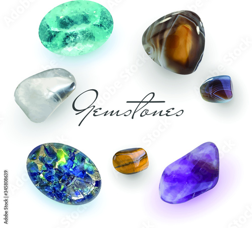 Realistic gemstones collection on the white background