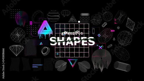 Universal modern shapes with glitch effects. Trendy cyberpunk retro futurism set, vaporwave. Digital abstract elements for web design, banners, posters and covers. Futuristic memphis. Vector 