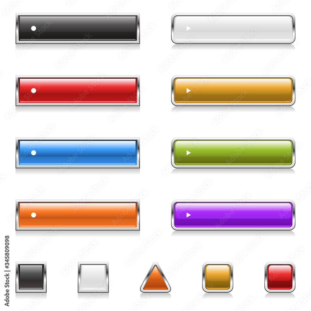 Vector set of rectangular, rounded, and square chrome app and website buttons in various colors isolated on white. Blank and easily editable. Vector set of rectangular, rounded, and square chrome app and website buttons in various colors isolated on white. Blank and easily editable.