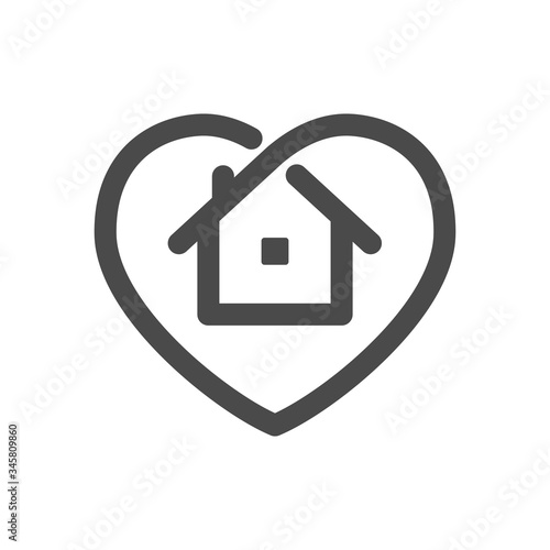 Stay at home symbol. House and heart combined vector icon. Line art pictogram.