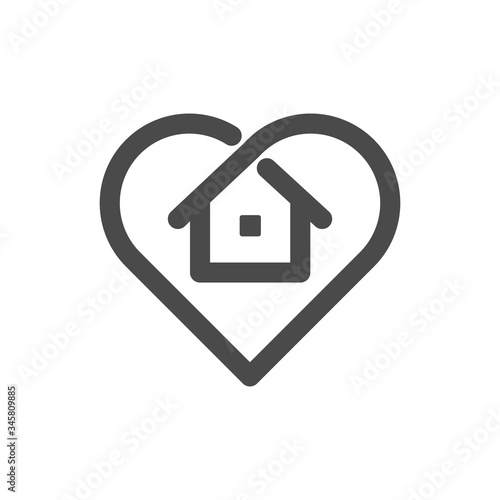 Stay at home symbol. House and heart combined vector icon. Line art pictogram.