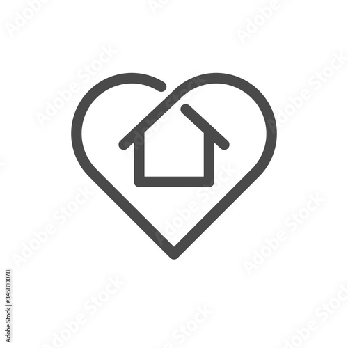 Stay at home symbol. House and heart combined vector icon. Line art pictogram.