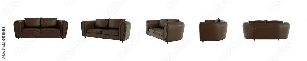 3d rendering set of an isolated dark leather modern sofa from different sides on light white background. 3d rendering. 3d mock up for your design. 3d rendering set of an isolated dark leather modern sofa from different sides on light white background. 3d rendering. 3d mock up for your design.