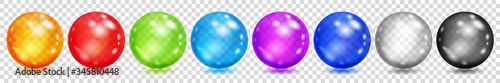 Set of translucent colored spheres with glares and shadows on transparent background. Transparency only in vector format