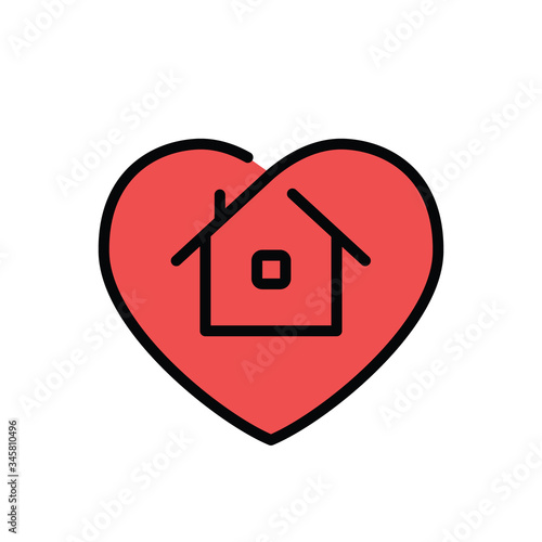 Stay at home symbol. House and heart combined vector icon. Line art pictogram.