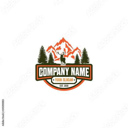 Vintage Vector Ilustration logo of Hunter Deer with mountain ilustration