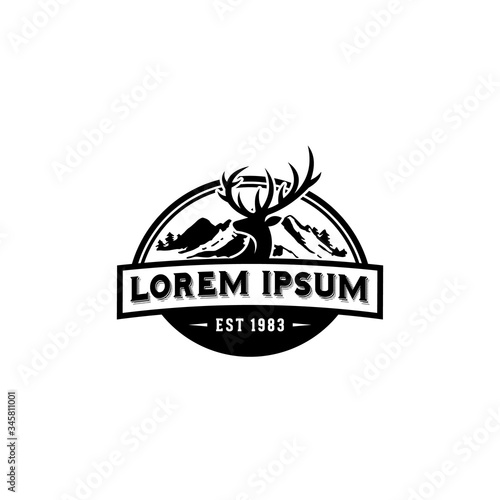 Vintage Vector Ilustration logo of Hunter Deer with mountain ilustration