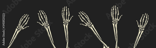 Bone hands on black background. Human arms. Skeletons climb up from the graves concept. Drawn engraved monochrome vintage sketch. Vector illustration for t-shirt, poster or banners.