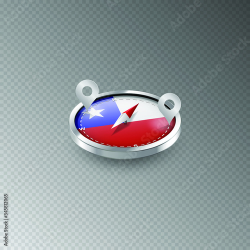 Illustration of a compass with the flag of CHILE on a transparent background. Recreation, entertainment, tours, cruises, travel, walks, routes in my country. Isolated vector.