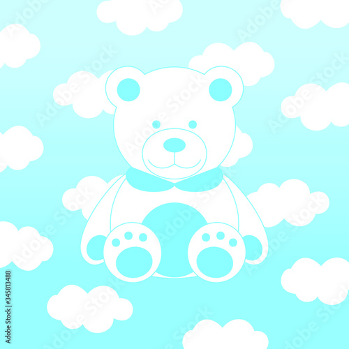 White and blue teddy bear sitting in a dayttime gradient sky with clouds
