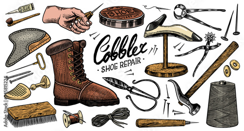 Cobbler set. Professional equipments for Shoe repair. Shoemaker or bootmaker. Cream Hammer Awl Brush Thread Glue Shoe and Calligraphic lettering. Hand drawn engraved old sketch for label or poster. 