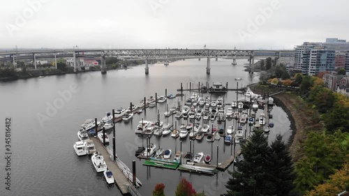 Aerial View of Boats in Marina on Colombia River Riverbank, Portland, Oregon USA photo