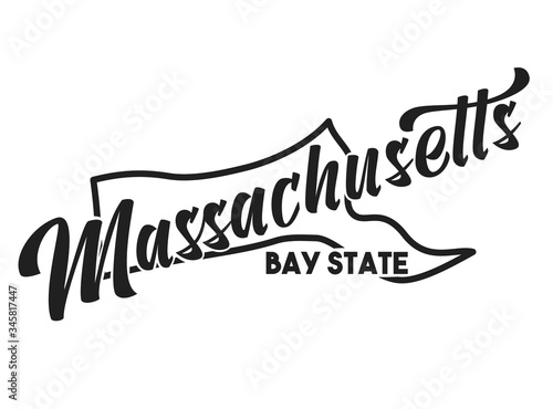 Vector image of Massachusetts. Lettering nickname Bay State. United States of America outline silhouette. Hand-drawn map of US territory. Illustration for the USA poster, banner, print, decor, card