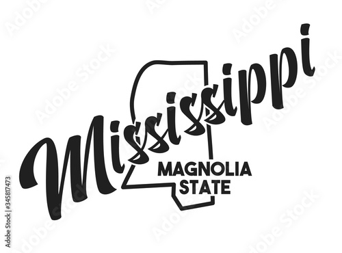 Vector image of Mississippi. Lettering nickname Magnolia State. United States of America outline silhouette. Hand-drawn map of US territory. Illustration for the USA poster, banner, print, decor, card