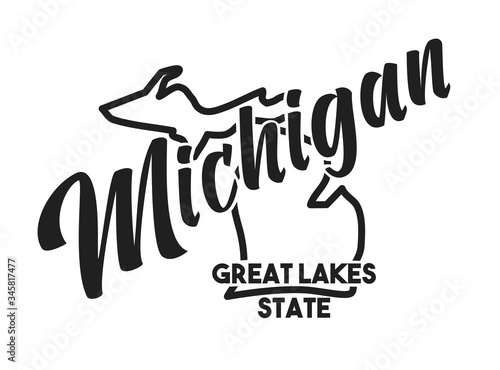 Vector image of Michigan. Lettering nickname Great Lakes State. United States of America outline silhouette. Hand-drawn map of US territory. Illustration for the USA poster, banner, print, decor, card