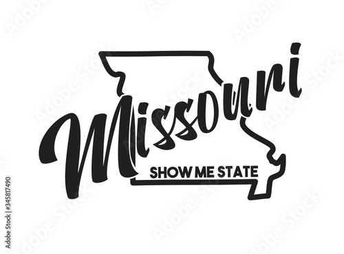 Vector image of Missouri. Lettering nickname Show Me State. United States of America outline silhouette. Hand-drawn map of US territory. Illustration for the USA poster, banner, print, decor, card