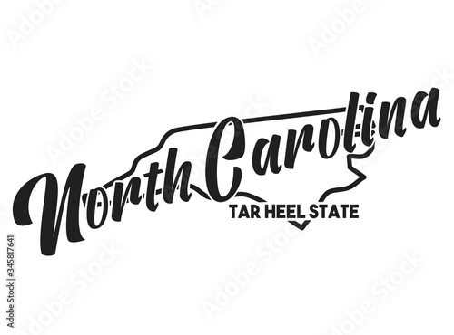 Vector silhouette of North Carolina with a nickname inscription Tar Heel State. Image for US poster, print, decor, United States of America card. Hand-drawn illustration map of the USA territory