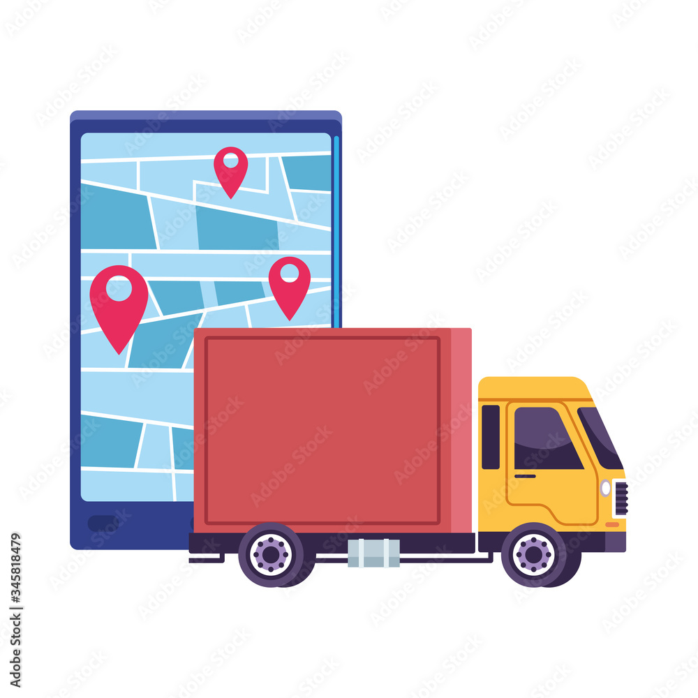 smartphone with delivery application and truck