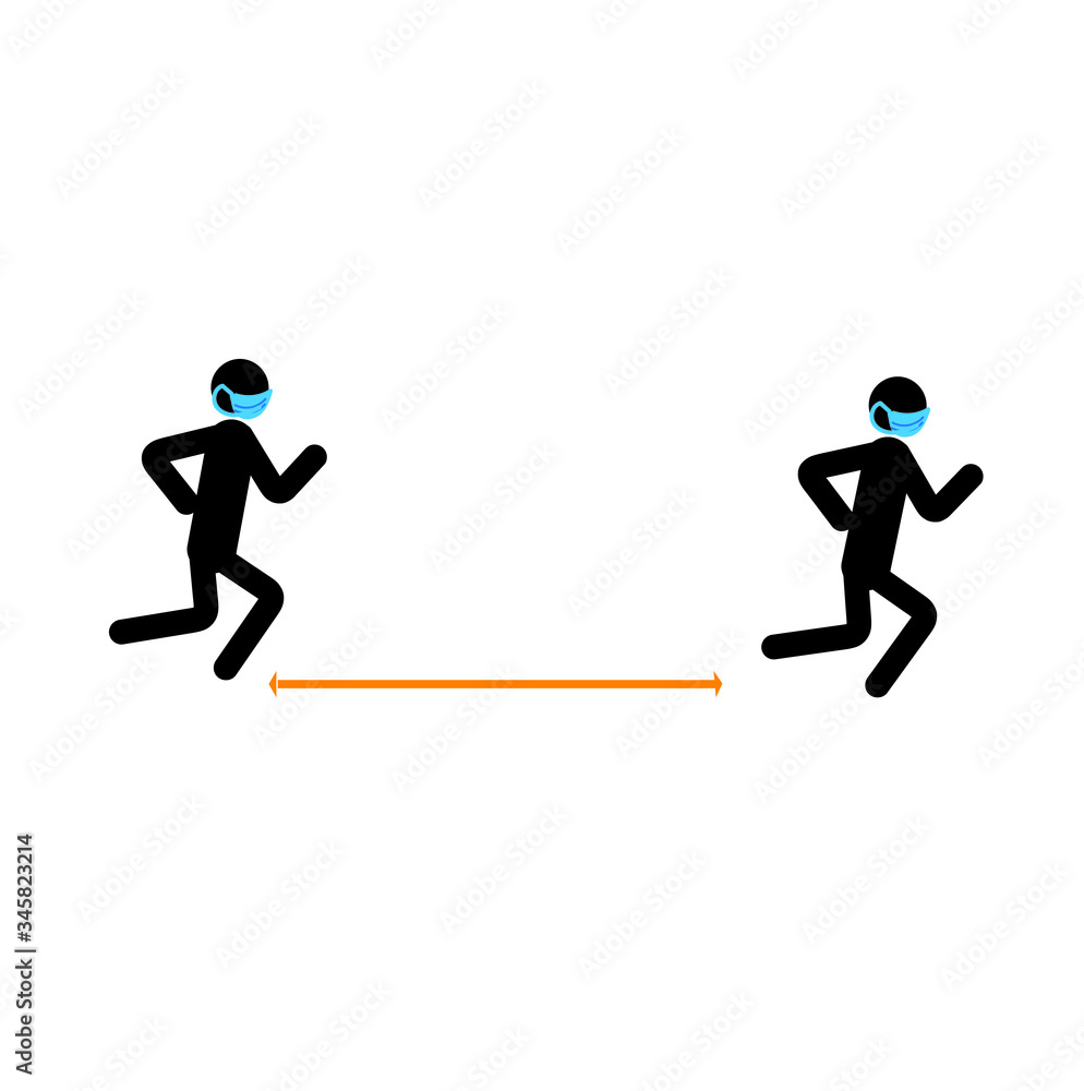 Stick man running in a medical mask. Social distance in sporting activities. Prevention of coronavirus. Stick man running in a medical mask. Social distance in sporting activities. Prevention of coronavirus.
