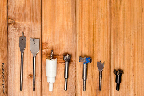 Set of hand repair tools on a wooden background with copy space. Do it yourself (DIY) concept. Top view