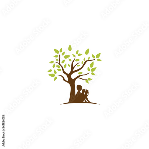 Man reading book under the tree logo template with silhouette flat design education pictogram illustration