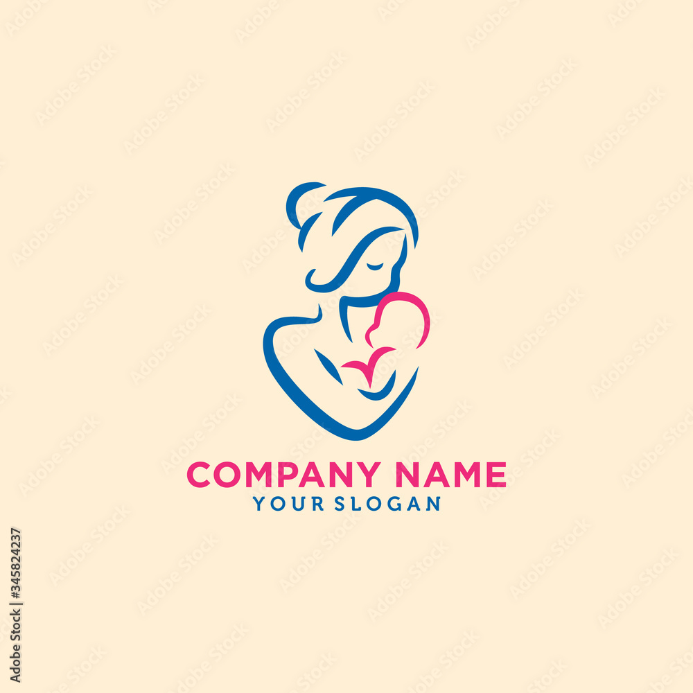 Mother holding Child baby Heart shape Logo design vector template. Medicine Clinic Care Charity Fund concept icon.