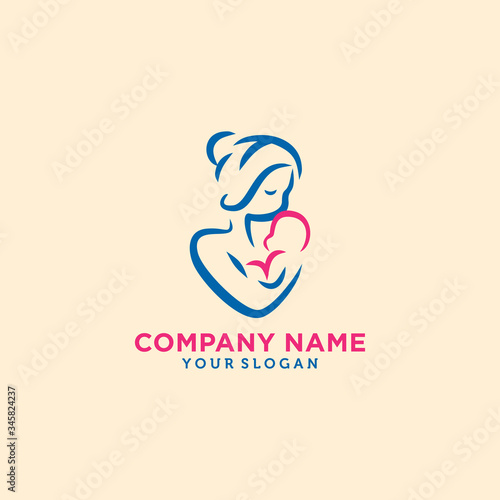 Mother holding Child baby Heart shape Logo design vector template. Medicine Clinic Care Charity Fund concept icon.