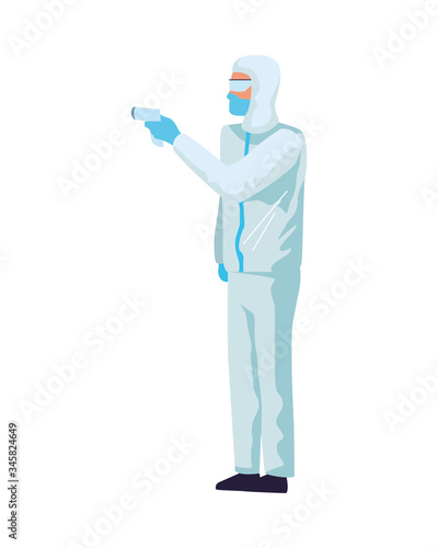 worker using biosafety suit with thermometer