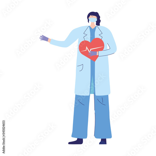female physician with medical mask and heartbeat health