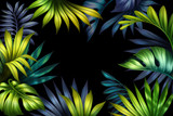 digital illustration, botanical black background, tropical palm leaves, wild jungle foliage frame with copy space