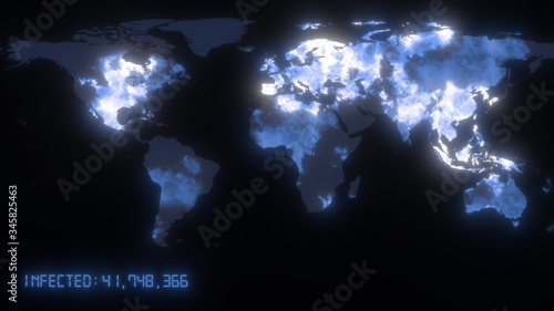 World map of the coronavirus COVID-19 pandemic. Virus is spreading from china across the world. Dark mainlands with blue infected cities with statistics data. 3d rendering concept background in 4K.