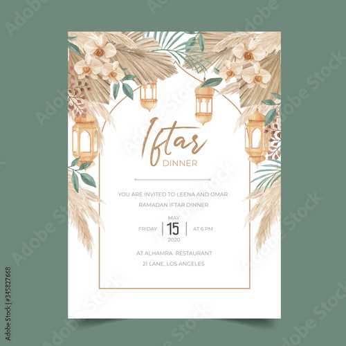 Ramadan iftar dinner invitation template with dried palm leaves, pampas grass, orchid and lantern photo