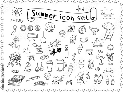 夏の手描きアイコンセット　線画