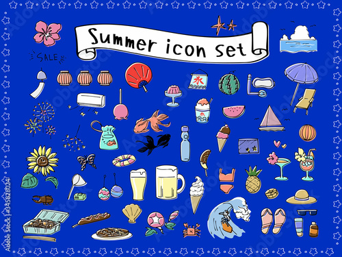 夏の手描きアイコンセット　ラフカラー