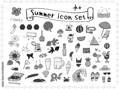 夏の手描きアイコンセット　モノクロ