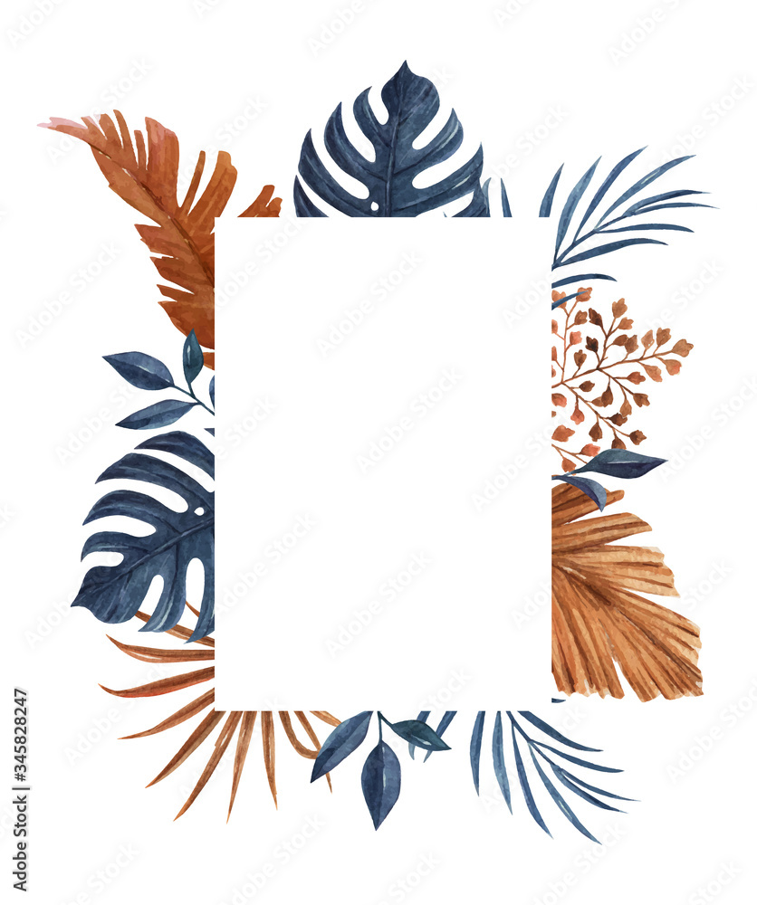 Navy blue and brown frame template with palm, monstera and other dry leaves
