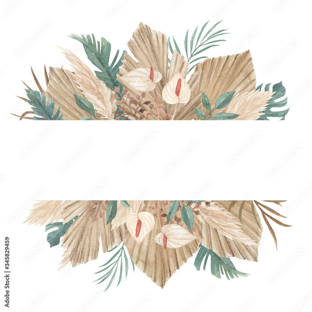 Pampas grass, dried palm leaves and tropical jungle floral banner