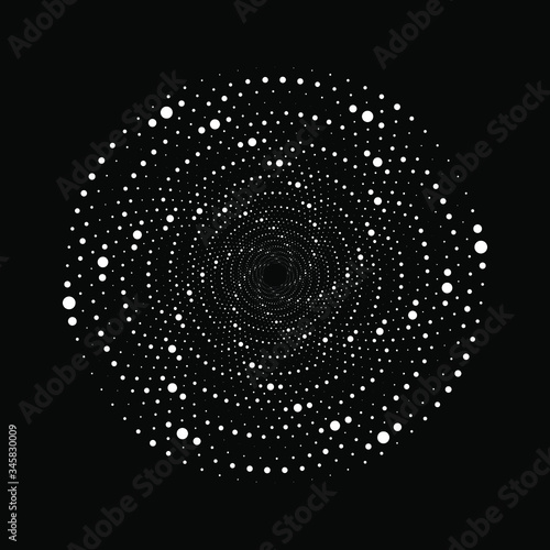 White round shape in vortex form. Halftone dots. Geometric art. Trendy design element for frame, logo, tattoo, sign, symbol, web, prints, posters, template, pattern and abstract background