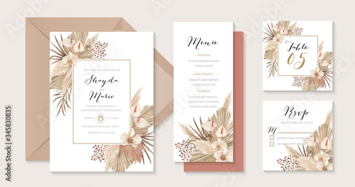 Luxury beige and terracotta boho wedding invitation set with pampas grass dried leaves, calla lily and orchid illustration
